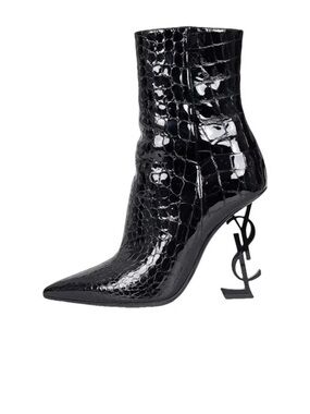 Yves Saint Laurent Black Patent Croc Pointed Ankle Boot with Logo Heel